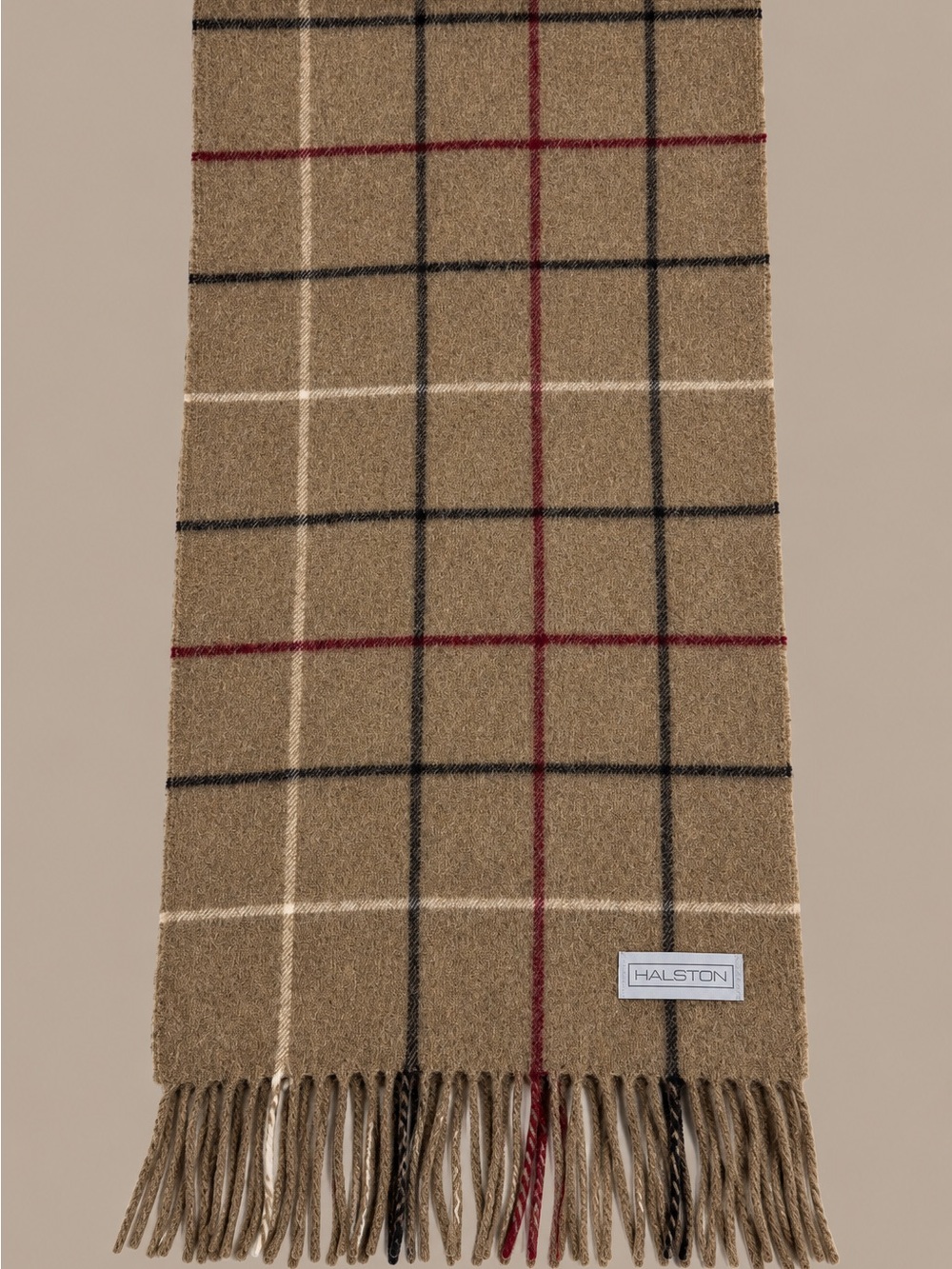 Halston Heritage Tan Plaid Fringe Scarf with Red & Black Windowpane